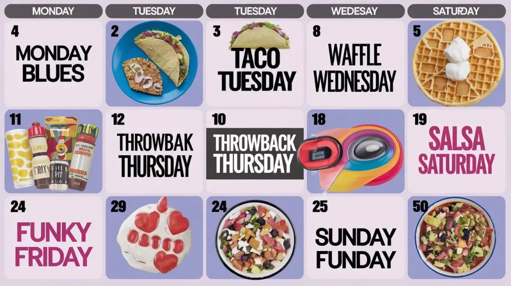 A weekly calendar with different themes