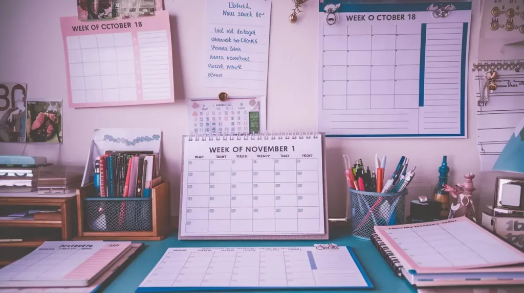 A work desk with weekly planners