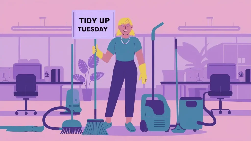 A lady with cleaning tools and a sign saying tidy up tuesday