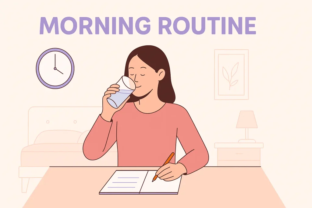 A happy mom journalling while drinking  a glass of water