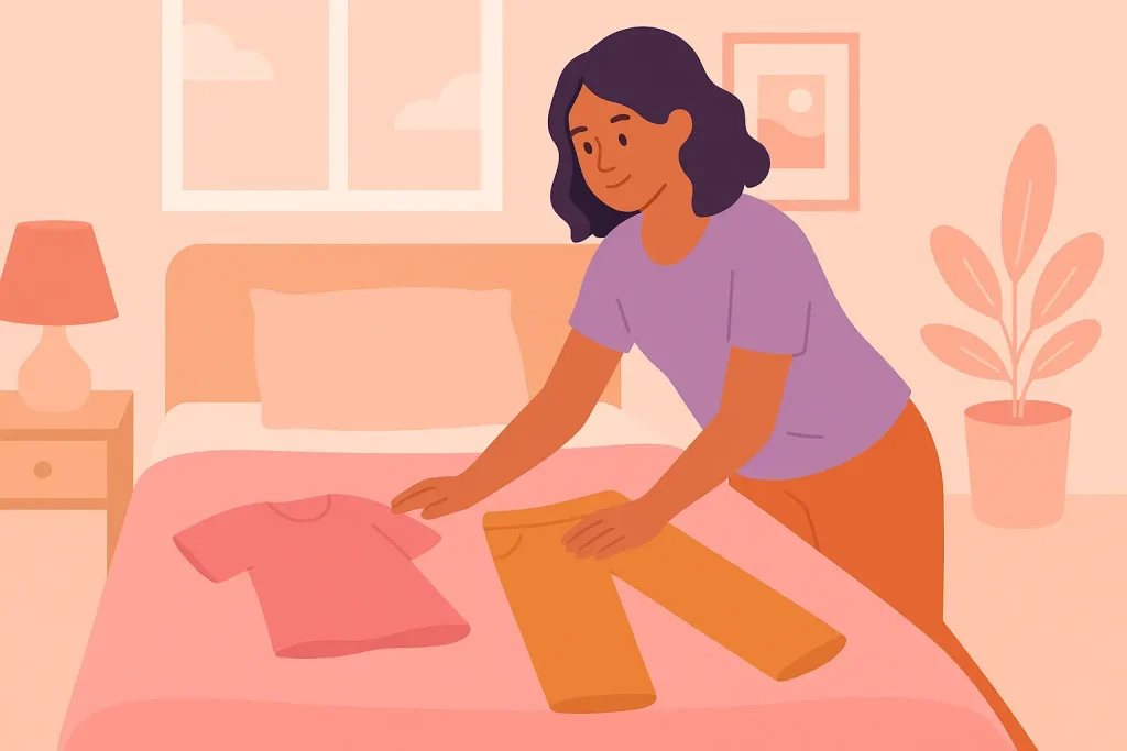 A graphic of a woman setting clothes ready